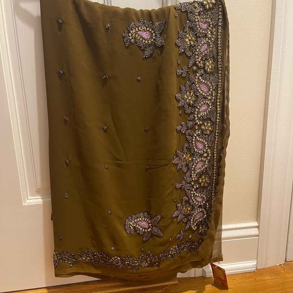 Beautiful mehendi color sari (dark olive green) with beaded work